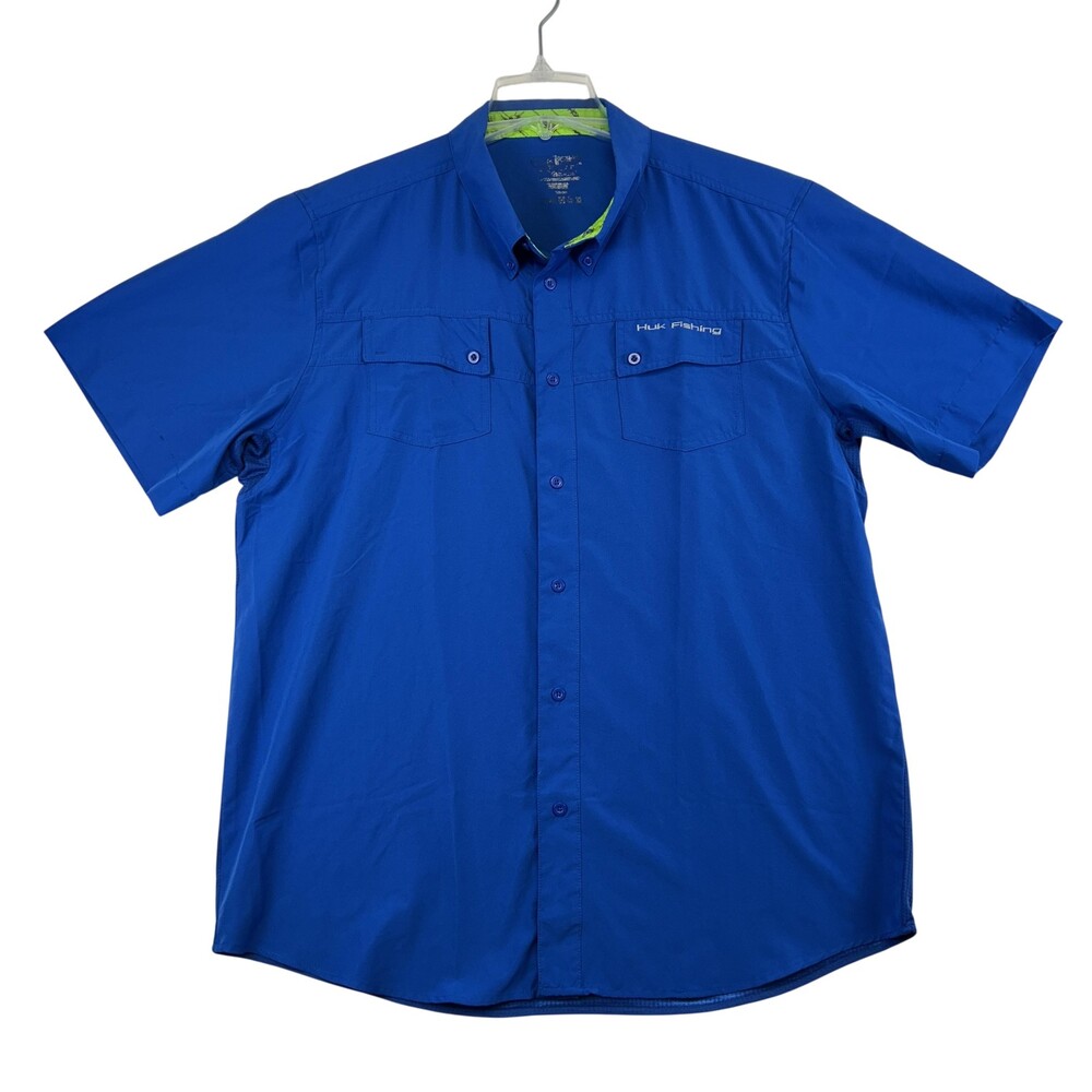 Huk Fishing Shirt Mens XL Blue Short Sleeve Button Up Vented Fishing Outdoor